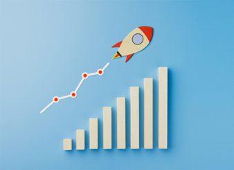 Rocket and chart on blue background business financial start up